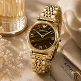 Emporio Armani Gianni T-Bar Brown Dial Gold Steel Strap Watch for Women - AR11703