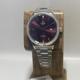 Tudor Style Automatic Burgundy Red Dial Silver Steel Strap Watch for Men - M12710-0015