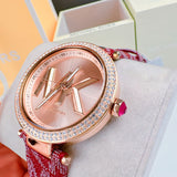 Michael Kors Parker Rose Gold Dial Maroon Leather Strap Watch For Women - MK2974