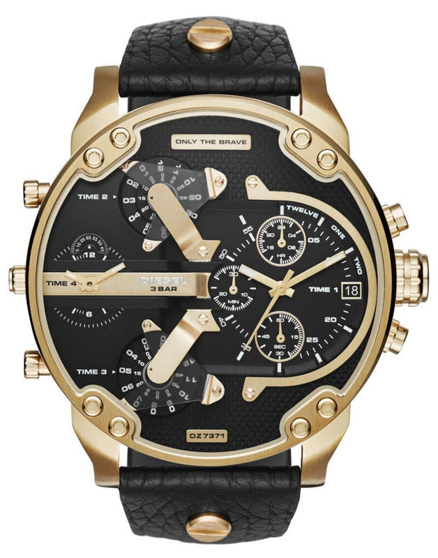 Diesel Mr Daddy Chronograph Black Dial Black Leather Strap Watch For Men - DZ7371
