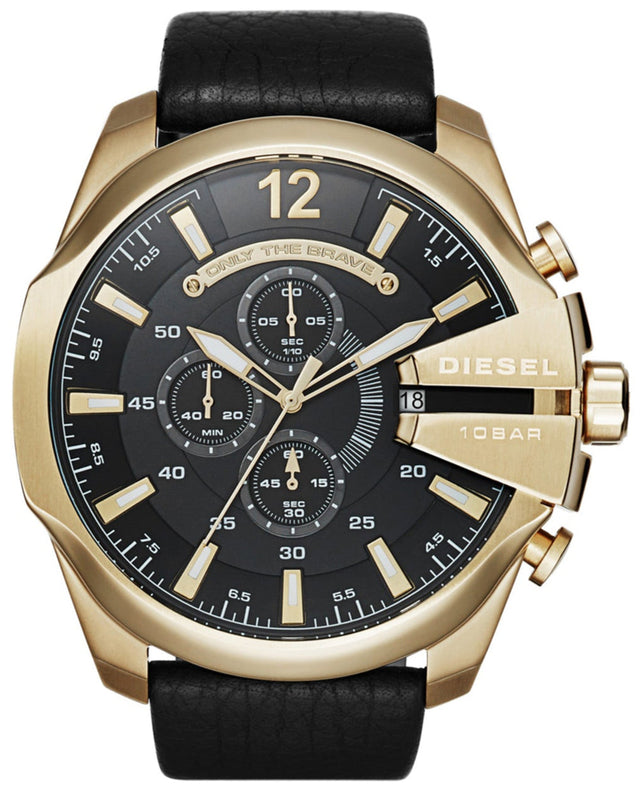Diesel Mega Chief Chronograph Black Dial Black Leather Strap Watch For Men - DZ4344