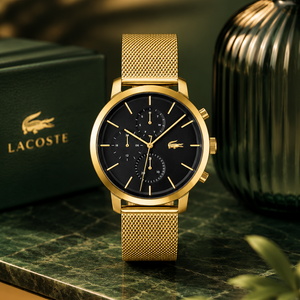Lacoste Replay Chronograph Black Dial Gold Steel Strap Watch for Men - 2011195