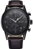 Hugo Boss Navigator Black Dial Black Leather Strap Watch for Men - 1513497