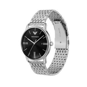 Emporio Armani Minimalist Black Dial Silver Steel Strap Watch for Men - AR11600