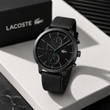 Lacoste Replay Chronograph Black Dial Black Leather Strap Watch for Men - 2011177