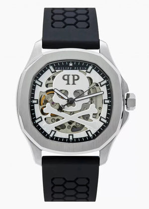 Philipp Plein High-Conic Automatic Silver Dial Black Silicone Strap Watch For Men- PWRAA0123