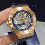 Maserati Automatic Skeleton Dial Rose Gold Blue Leather Strap Watch For Men - R8821108022