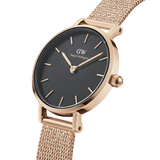 Daniel Wellington Petite Pressed Melrose Black Dial Rose Gold Mesh Strap Watch For Women - DW00100440
