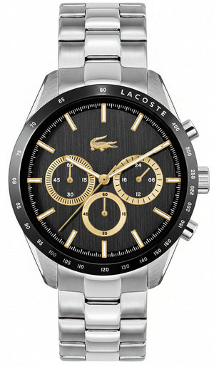Lacoste Boston Chronograph Black Dial Silver Steel Strap Watch for Men - 2011272