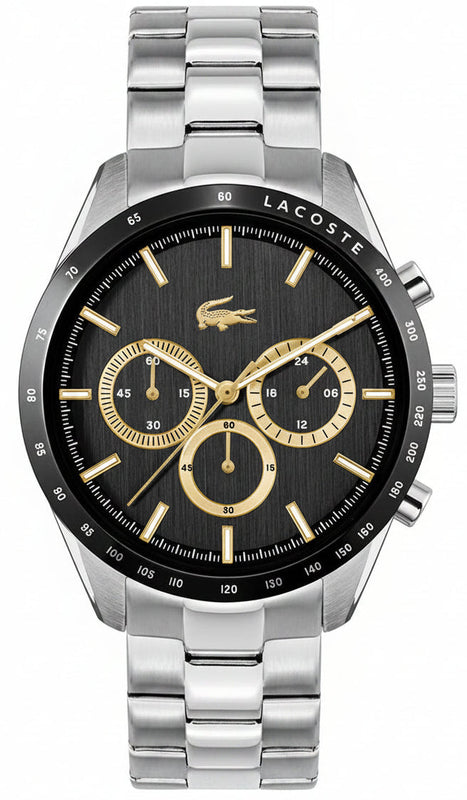 Lacoste Boston Chronograph Black Dial Silver Steel Strap Watch for Men - 2011272