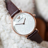 Emporio Armani Gianni T-Bar Silver Dial Brown Leather Strap Watch for Women - AR1990