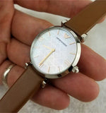 Emporio Armani Gianni T-Bar White Dial Brown Leather Strap Watch for Women - AR1988