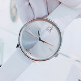 Calvin Klein Accent Silver Dial White Leather Strap Watch for Men - K2Y2X1KW