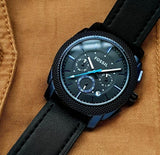 Fossil Machine Chronograph Black Dial Black Leather Strap Watch for Men - FS5361