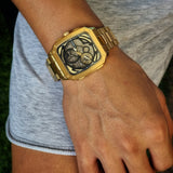 Fossil Inscription Automatic Skeleton Black Dial Gold Steel Strap Watch for Men - BQ2573