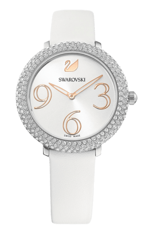 Swarovski Crystal Frost Silver Dial White Leather Strap Watch for Women - 5484070