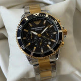Emporio Armani World Explorer Solar Powered Chronograph Black Dial Two Tone Steel Strap Watch for Men - AR11680