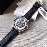 Emporio Armani Luigi Silver Skeleton Dial Black Leather Strap Watch For Men - AR1981