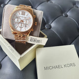 Michael Kors Lexington Chronograph White Dial Rose Gold Steel Strap Watch For Women - MK8313