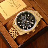 Michael Kors Lexington Chronograph Black Dial Gold Steel Strap Watch for Men - MK8286