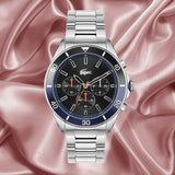 Lacoste Tiebreaker Chronograph Black Dial Silver Steel Strap Watch for Men - 2011155