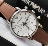 Emporio Armani Luigi Chronograph Silver Dial Brown Leather Strap Watch for Men - AR1846