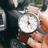 Emporio Armani Luigi Chronograph Silver Dial Brown Leather Strap Watch for Men - AR1846