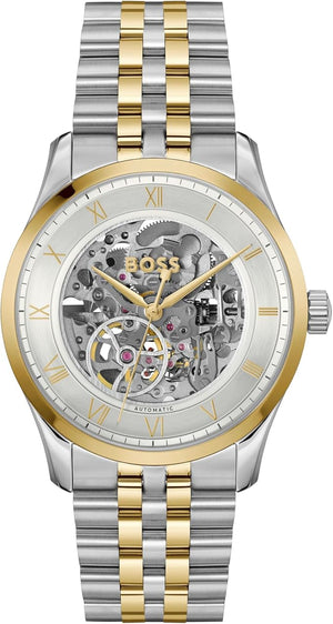 Hugo Boss Principle Skeleton Silver Dial Two Tone Steel Strap Watch for Men - 1514237