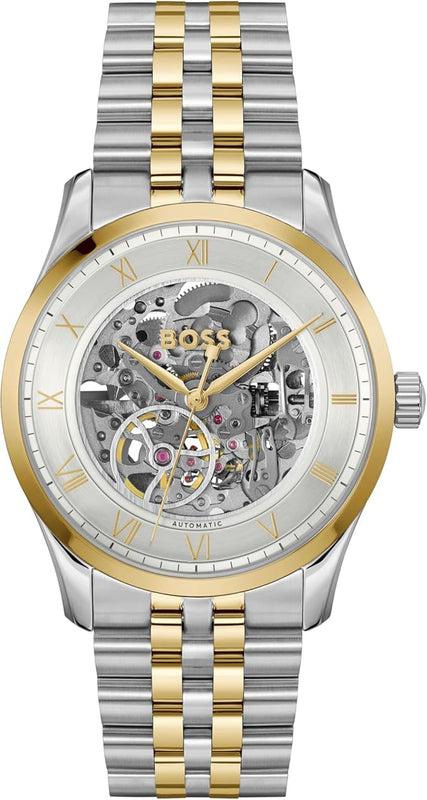 Hugo Boss Principle Skeleton Silver Dial Two Tone Steel Strap Watch for Men - 1514237