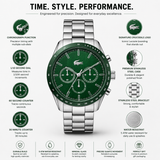 Lacoste Boston Chronograph Green Dial Silver Steel Strap Watch for Men - 2011080