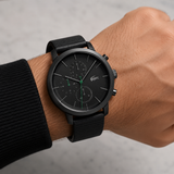 Lacoste Replay Chronograph Black Dial Black Leather Strap Watch for Men - 2011177