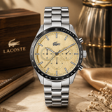 Lacoste Boston Chronograph Beige Dial Silver Steel Strap Watch for Men - 2011271