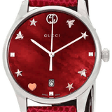 Gucci G-Timeless Mother of Pearl Red Dial Red Leather Strap Watch For Women - YA1264041