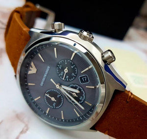 Emporio Armani Zeta Chronograph Gray Dial Brown Leather Strap Watch for Men - AR11080