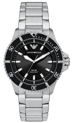 Emporio Armani World Explorer Solar Black Dial Silver Steel Strap Watch for Men - AR11787