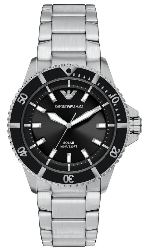 Emporio Armani World Explorer Solar Black Dial Silver Steel Strap Watch for Men - AR11787