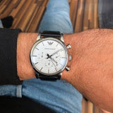 Emporio Armani Luigi Chronograph White Dial Black Leather Strap Watch for Men - AR1810