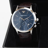 Emporio Armani Renato Chronograph Blue Dial Black Leather Strap Watch for Men  - AR2494