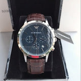 Emporio Armani Renato Chronograph Blue Dial Black Leather Strap Watch for Men  - AR2494