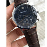 Emporio Armani Renato Chronograph Blue Dial Black Leather Strap Watch for Men  - AR2494