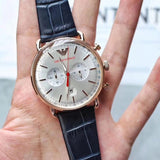 Emporio Armani Aviator Silver Dial Blue Leather Strap Watch For Men - AR11123