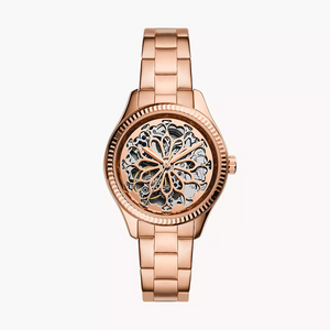 Fossil Rye Automatic Skeleton Rose Gold Dial Rose Gold Steel Strap Watch for Women - BQ3754