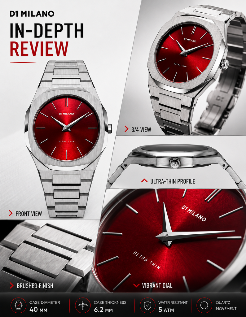 D1 Milano Ultra Thin Red Dial Silver Steel Strap Watch for Men - D1-UTBJ05