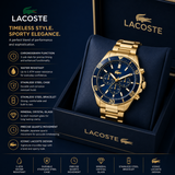 Lacoste Tiebreaker Chronograph Blue Dial Gold Steel Strap Watch for Men - 2011151