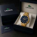 Lacoste Tiebreaker Chronograph Blue Dial Gold Steel Strap Watch for Men - 2011151