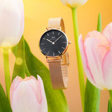 Daniel Wellington Classic Petite Melrose Black Dial Rose Gold Mesh Bracelet Watch For Women - DW00100217