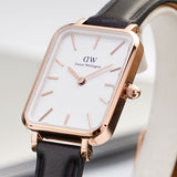 Daniel Wellington Quadro White Dial Black Leather Strap Watch For Women - DW00100434