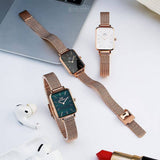 Daniel Wellington Quadro Melrose Green Dial Rose Gold Mesh Strap Watch For Women - DW00100437