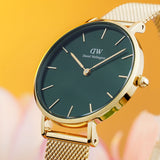 Daniel Wellington Petite Emerald Green Dial Gold Mesh Strap Watch For Women - DW00100480