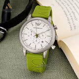 Emporio Armani Chronograph White Dial Green Rubber Strap Watch For Men - AR11022